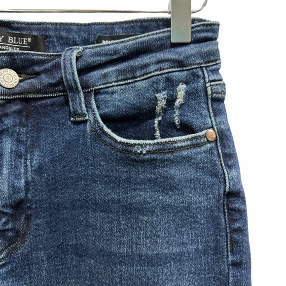 Judy Blue Buffalo Plaid Patch Mid Rise Cuffed Boyfriend Jeans Dark Blue 5/27 - Picture 6 of 15